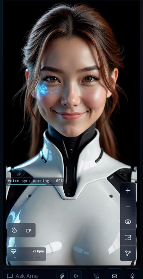 Meet Arna running on an Android phone, her face filling the screen above an “Ask Arna” input bar.